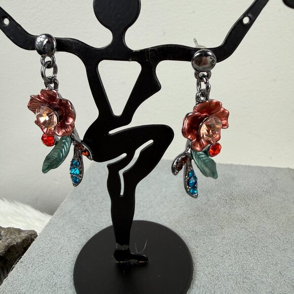 Two Piece Necklace & Earring Set - Enamel & Rhinestone Flower Necklace 16.5 - 20 - Picture 4 of 14